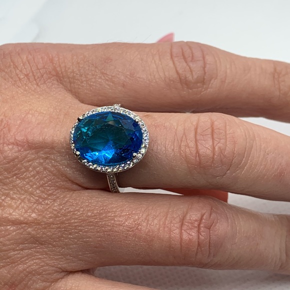 Simulated Aquamarine, Simulated Diamond Ring - Picture 2 of 6